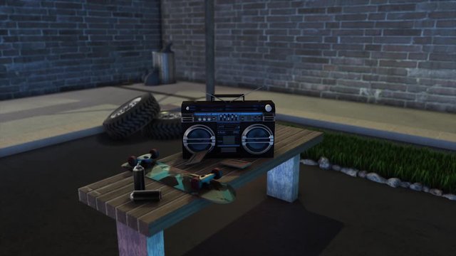 Abstact bench with old fashioned tape recorder, skateboard and spray paints lying on it. Animation. Teenager objects in the city yard, a ball, car tires near the concrete wall.