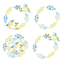 Autumn leaf, berries and Tomtit birds Frame set isolated on a white background. Watercolor hand drawn Bird BlueTit sitting on the Branch. Greeting card, poster, banner concept with copy space for text