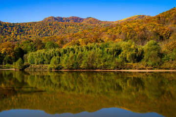 Mountain landscape, lake and mountain range