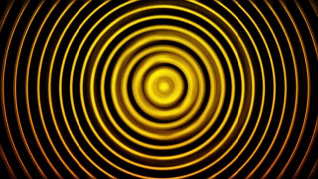 Golden Radio Wave, Radar Or Sonar, Hypnotic Effect, Seamless Loop. Animation. Rotating Bright Yellow Rings On Black Background.