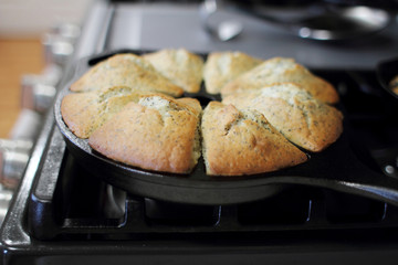 Poppy seed cake fresh out of the oven, made in a cast iron wedgepan and 6 inch skillet.