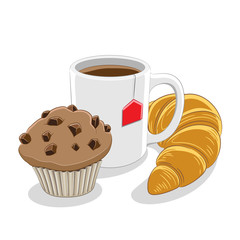 Muffin Coffee Mug and Croissant Breakfast Illustration
