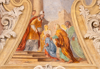 RIVA DEL GARDA, ITALY - JUNE 13, 2019: The ceiling fresco of Presentation of Virgin Mary in the...