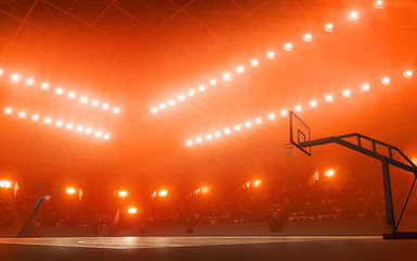 Baketball court with hoop. Red floodlit background