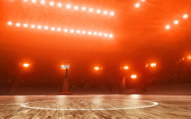 Empty basketball arena with basketball rim. Red floodlit background © TandemBranding