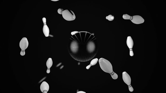 Abstract black ball knocking down pins and they fly into the sides on black background. Animation. 3D white skittles and ball, bowling and active sport games concept, monochrome.