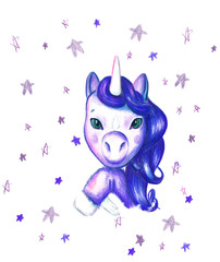 Children's illustration with crayons - Unicorn. Girl - Unicorn, cartoon character