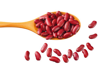 red kidney beans in wooden spoon isolated on white background. top view