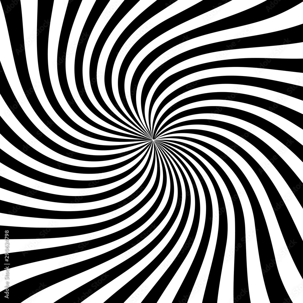 Poster abstract optical illusion twisted background vector design. psychedelic striped black and white back