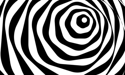 Abstract optical illusion background vector design. Psychedelic striped black and white backdrop. Hypnotic pattern.