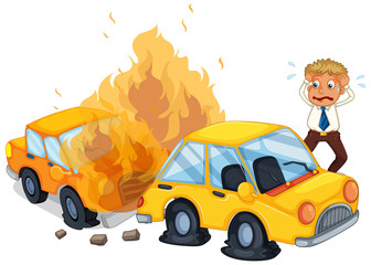 Accident scene with car on fire