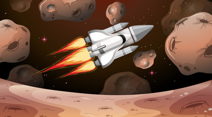 Space shuttle flying through asteroids