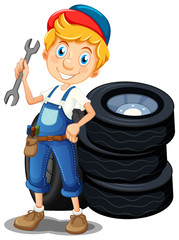 Mechanic with tools and tyres