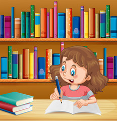 Cute girl writing in notebook in library