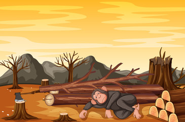 Deforestation scene with monkey and timber