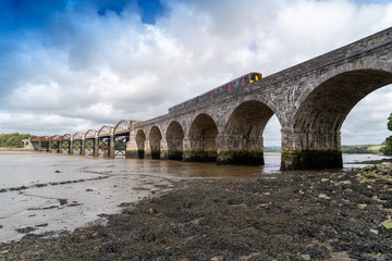 Rail Bridge over the River Tavy Devon Dartmoor Plymouth for the Tamar Valley Passenger Railway with Train on the Bridge