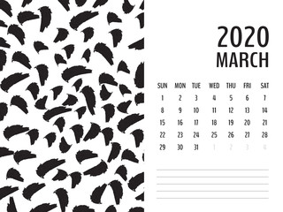 Desk Calendar 2020 template vector, march 2020 design, Planner vector diary in a memphis style, Week start on Sunday