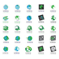 Earth Globe Logo Set - Isolated On White - Vector. Abstract Globe Vector For Web Icon, Map, Tech Logo And Element Design. Blue 3D Icons For Earth, Global, Sphere, Travel Agency, Planet And World Logo