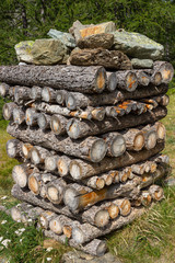 Eccentric pile of wood near a mountain pasture.
