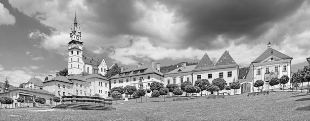 Kremnica  - Panorama of Safarikovo square with castle and St. Catherine church.