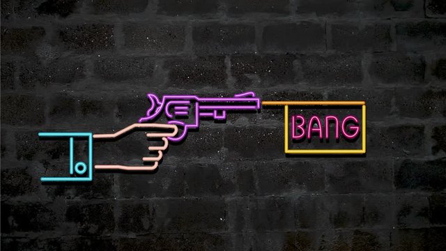 2d Animation motion graphics showing neon sign light signage lighting of hand firing a pistol gun with words "Bang" coming out on black brick wall in HD high definition done retro style.