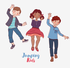 Happy kids jumping over white background. Happiness, childhood, and freedom concept