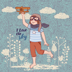 Little boy playing with toy airplane