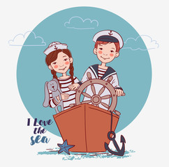 Cute boy and girl dressed as a captain and sailors having fun. Happy kids played on the ship 
