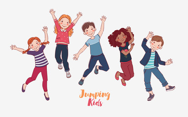 Happy kids jumping over white background. Happiness, childhood, and freedom concept 