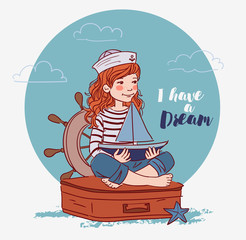 Cute girl sitting on a suitcase and playing with toy sailing boat. Travel vector concept