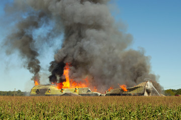Fototapeta na wymiar barn fire smoke flame burn farm accident disaster