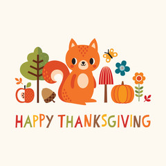 Vector Happy Thanksgiving card with cute squirrel and autumn elements in flat style. Cute, colorful illustration with hand made text and copy space for web banner, greeting card, menu, poster. - 290629307