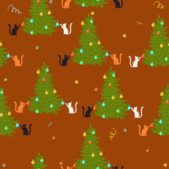 Seamless pattern with Christmas trees and cats.