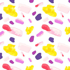 Pattern of bright yellow, red, pink, purple watercolor vector spots.