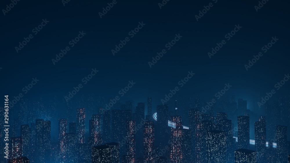 Poster 3d rendering of abstract highway path through digital binary towers in city. concept of big data, ma