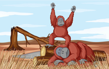 Deforestation scene with two monkeys
