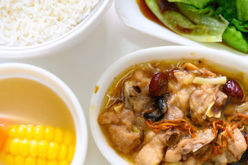 top view chicken and mushroom with cabbage and maize soup and rice
