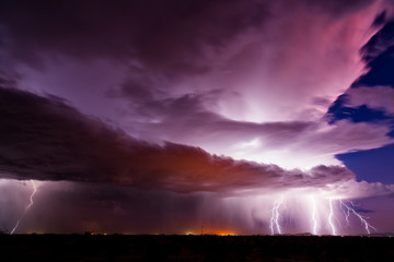 Lightning bolts strike in a thunderstorm