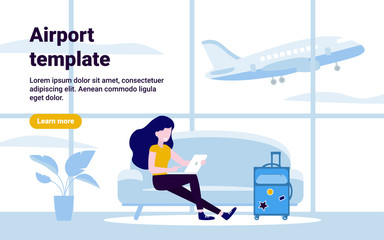 Flat design concept illustration of traveling young woman with laptop and suitcase at airport departure area waiting for flight. Vector.