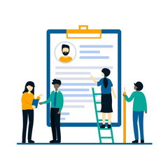 Tiny people near resume clipboard. Job hiring and online recruitment concept. Search employees. Flat vector design illustration for web landing page, banner, presentation, social media.