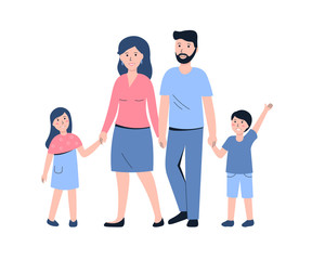 Happy young family dad, mom, daughter and son on walk. Family couple father and mother with children girl and boy walking together. Flat cartoon isolated illustration. 