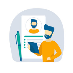 A man fills out a resume for employment. Flat vector design concept illustration for business.