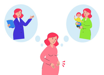 Woman need choosing between career or family. Flat modern vector illustration.