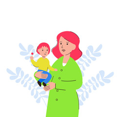 Woman holds baby in her arms. Mother and son. Flat modern vector illustration.