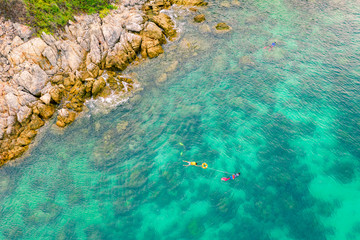 Aerial view of blue ocean near coastal in Sattahip, Thailand.