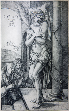 GERMANY - 1928: Lithography of tortured Jesus Christ by Albert Durer. Book " Durer als Fuhrer" published by Josef Muller, Munchen, Garmany 1928.