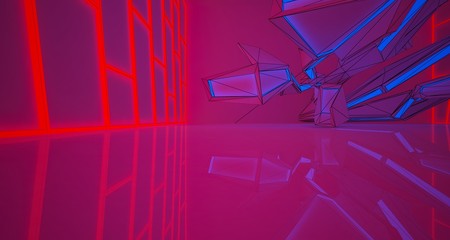 Abstract architectural drawing white interior of a minimalist house with color gradient neon lighting. 3D illustration and rendering.