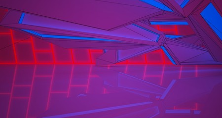 Abstract architectural drawing white interior of a minimalist house with color gradient neon lighting. 3D illustration and rendering.