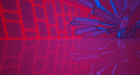 Abstract architectural drawing white interior of a minimalist house with color gradient neon lighting. 3D illustration and rendering.