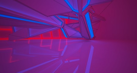 Abstract architectural drawing white interior of a minimalist house with color gradient neon lighting. 3D illustration and rendering.